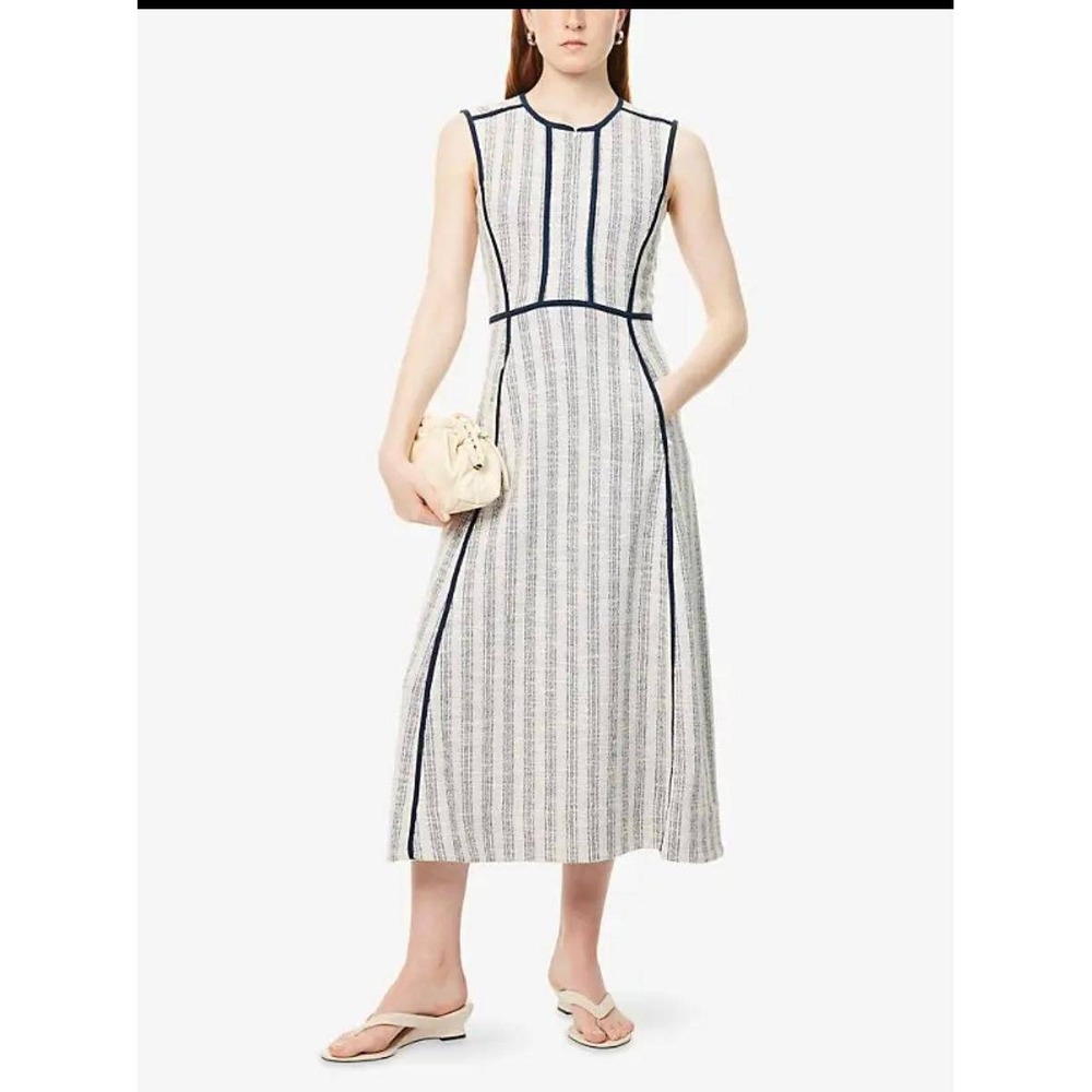 ME+EM Textured Stripe Sleeveless Midi Dress Navy White Tweed Pockets US 12